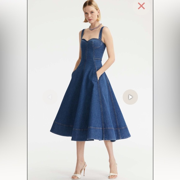 OSCAR DELA RENTA Sweetheart Neck Denim Dress in Medium Wash made in ITALY - Picture 1 of 17
